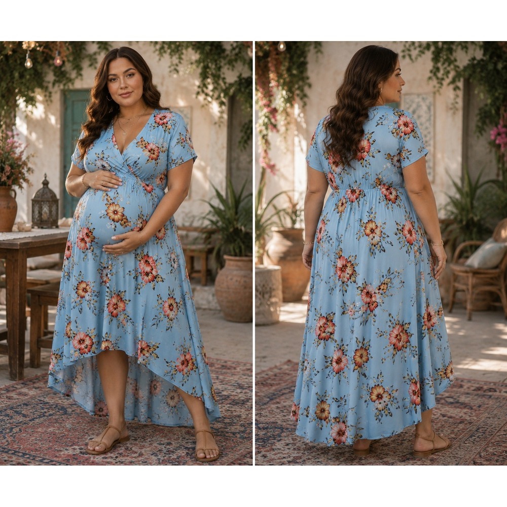 PinkBlush XL Maternity Dress Blue Tropical Floral Wrap High Low Summer Boho
